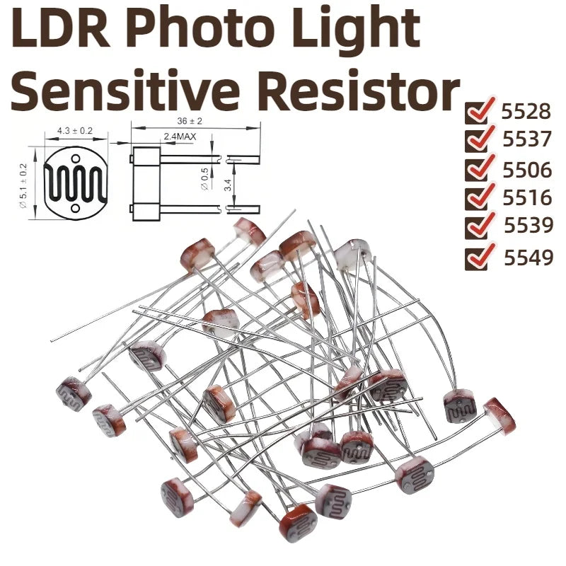 20/50/100/200 PCS/lot, LDR Photo Light Sensitive Resistor Photoresistor GL5528 5537 5506 5516 5539 5549 For Arduino Or DIY
