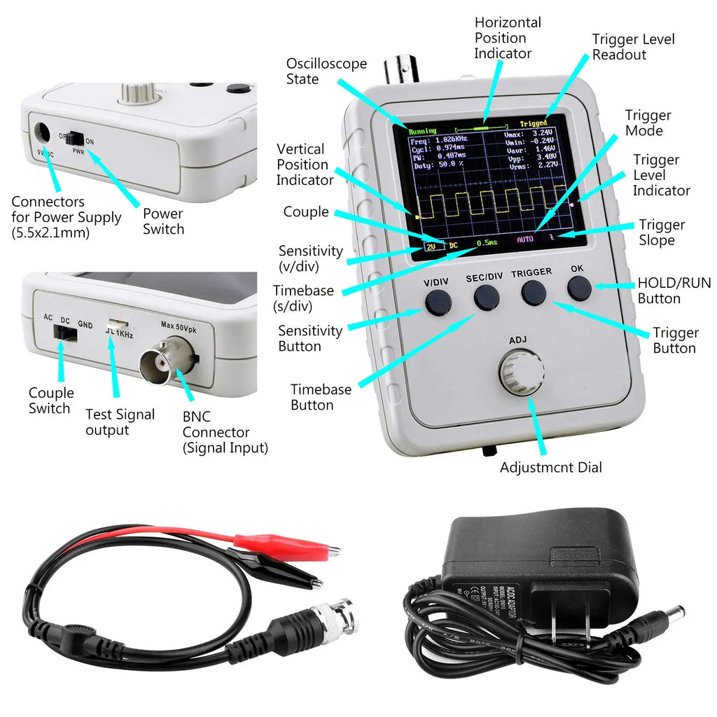 FNIRSI 2.4” TFT Handheld Digital Oscilloscope 0-200KHz Bandwidth 1M Sampling Rate with BNC-Clip Cable Probe and Power Supply