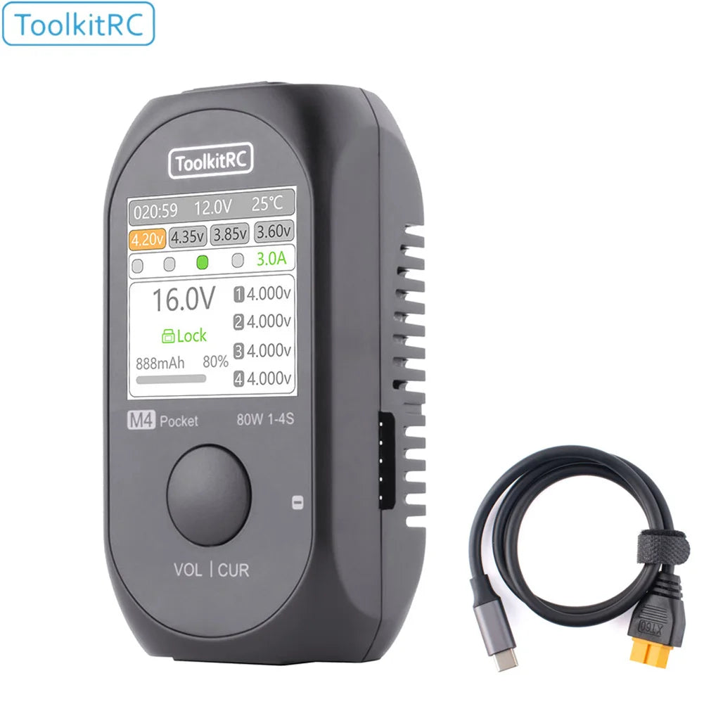 ToolkitRC M4 Pocket Balance Charger DC 80W 5A XT30 XT60 Input USB-C Input/Output Charger for 1-4S LiPo Battery