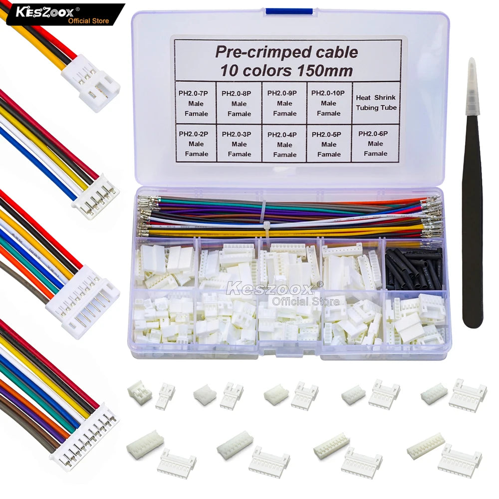 Keszoox 2mm Connectors JST PH 2.0mm PHR HY 2.0 Male Female Connectors Housing with Pre-crimped Cable JST Connector Kit