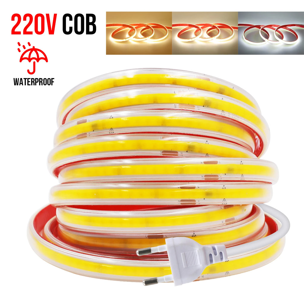 220V Self-adhesive LED Strip 10cm Cuttable Waterproof COB LED Strip No Need Driver Flexible Tape for Kitchen Home Garden Decor