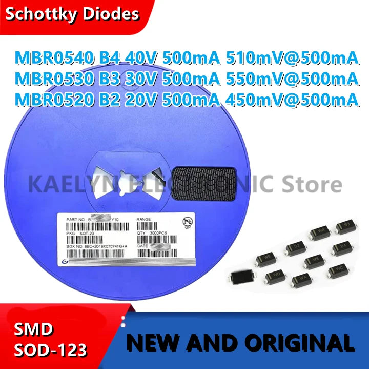 3000PCS Schottky Diodes Rectifiers MBR0540 MBR0530 MBR0520 B4 B3 B2 40V 30V 20V 500MA 450MA SOD-123