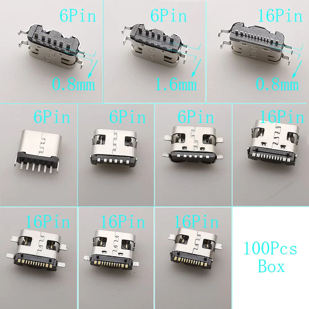 1Box Type-C USB Female Charging Dock Connectors Kit 2/6/16 Pin SMD DIP PCB DIY Repair Charging Port USB-C Type-C Socket Jack