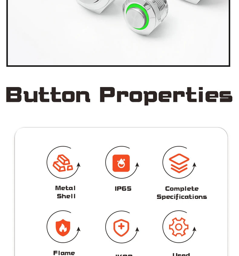 12/16/19/22mm Metal Push Button Switch Short Stroke Silver Shell Waterproof High Head With Power LED Light Momentary 1NO 6V 24V