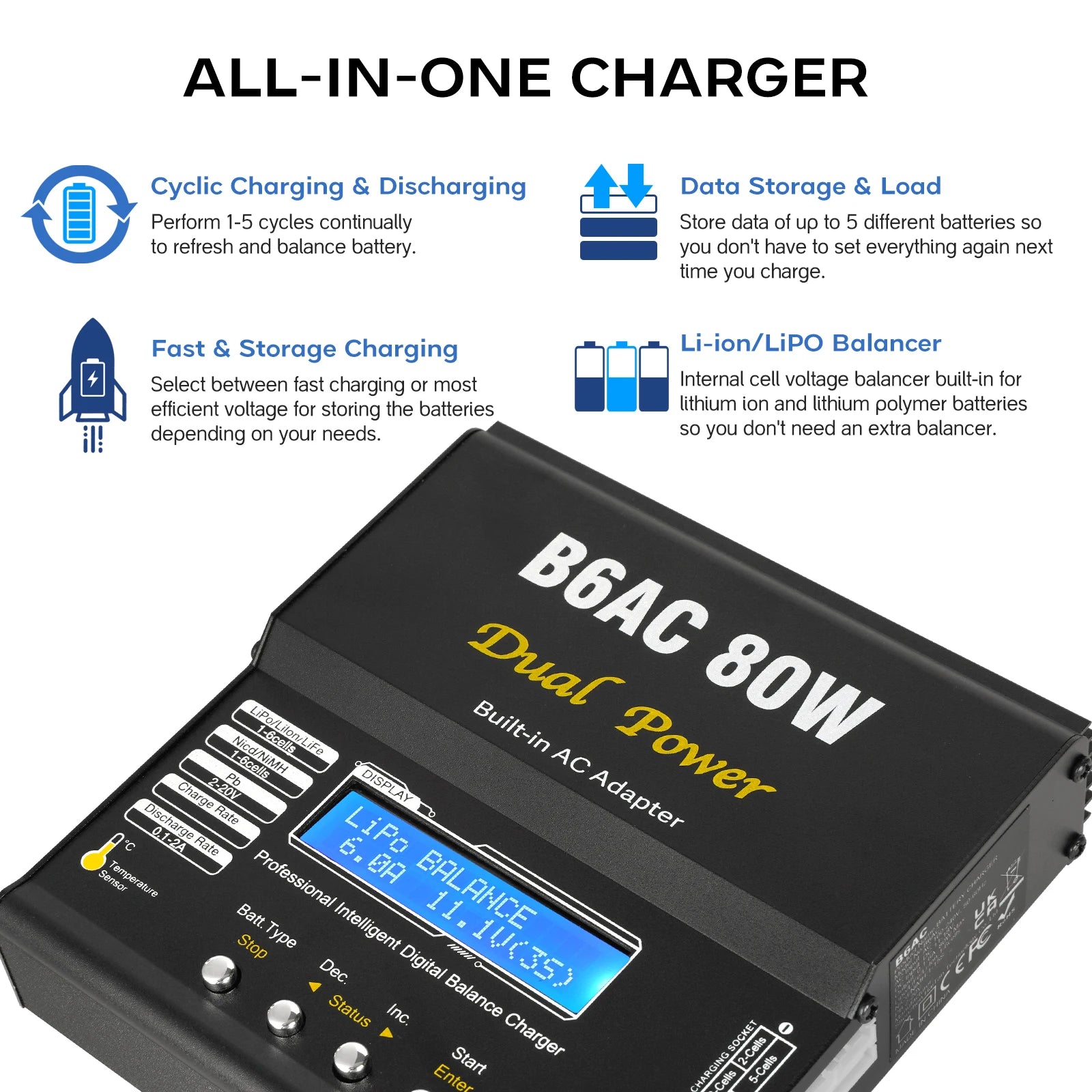 IMAX B6AC 80W RC Charger B6 AC 6A Balance Charger with Digital LCD Screen Li-ion LiFe Nimh Nicd PB Lipo Battery Discharger