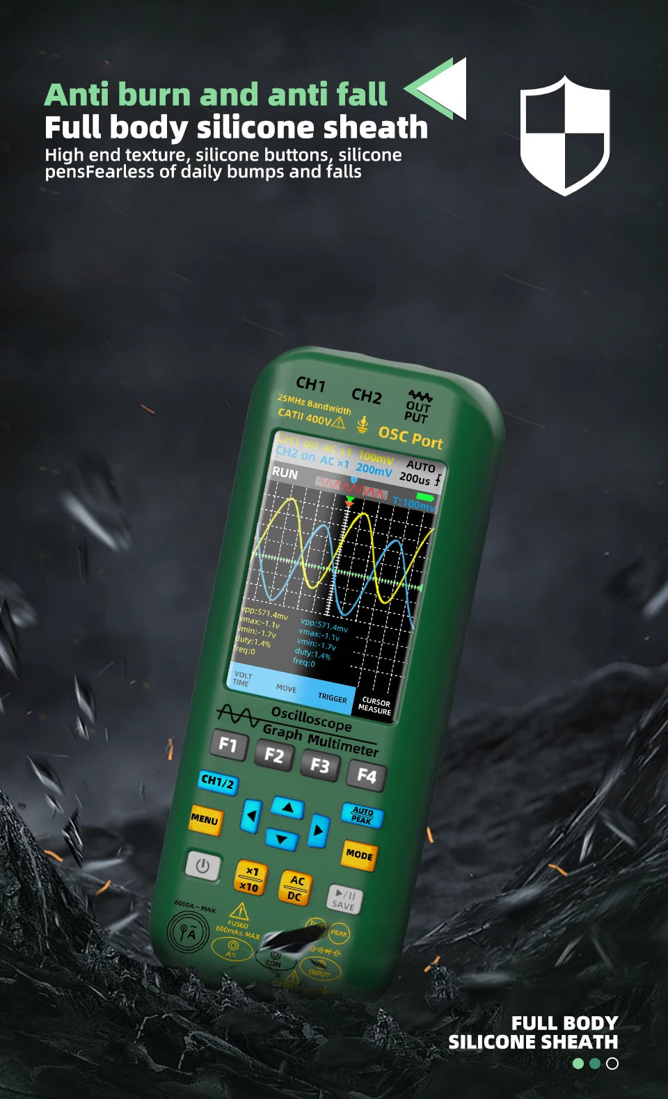 BSIDE 4-IN-1 Handheld Oscilloscope Digital Multimeter+Function Signal Generator Dual Channel O7:25MHz/O9:50MHz Current Tester