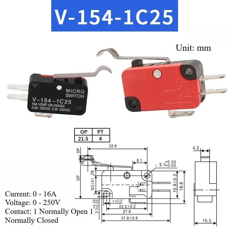 5pcs Travel Limit Switch Micro Switch Self-resetting V-152-1C25 3-pin Miniature Push Button Tactile Microswitch V-152 V-153 V-15