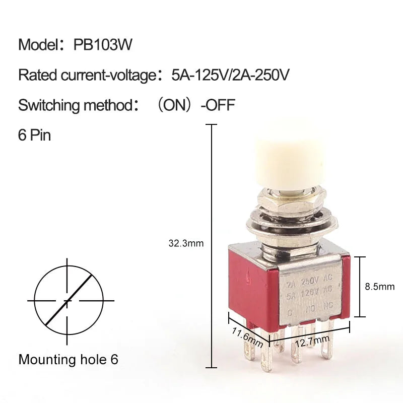 5PCS 3Pin C-NO-NC Reset Latching Toggle Switch Automatic return Push Button (ON)-OFF 5A125V/2A250V 6mm Mini Toggle Switches