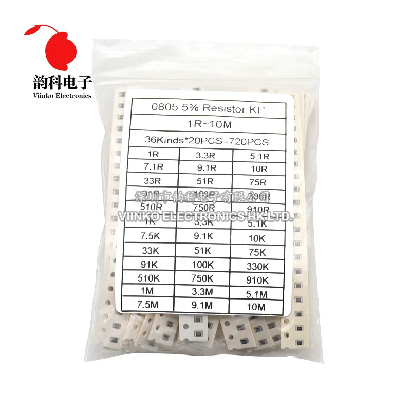 720Pcs 5% 0603 0805 1206 SMD Chip Resistor Assorted Kit 1ohm - 10M 36valuesX20pcs= 720pcs Resistance Sample set