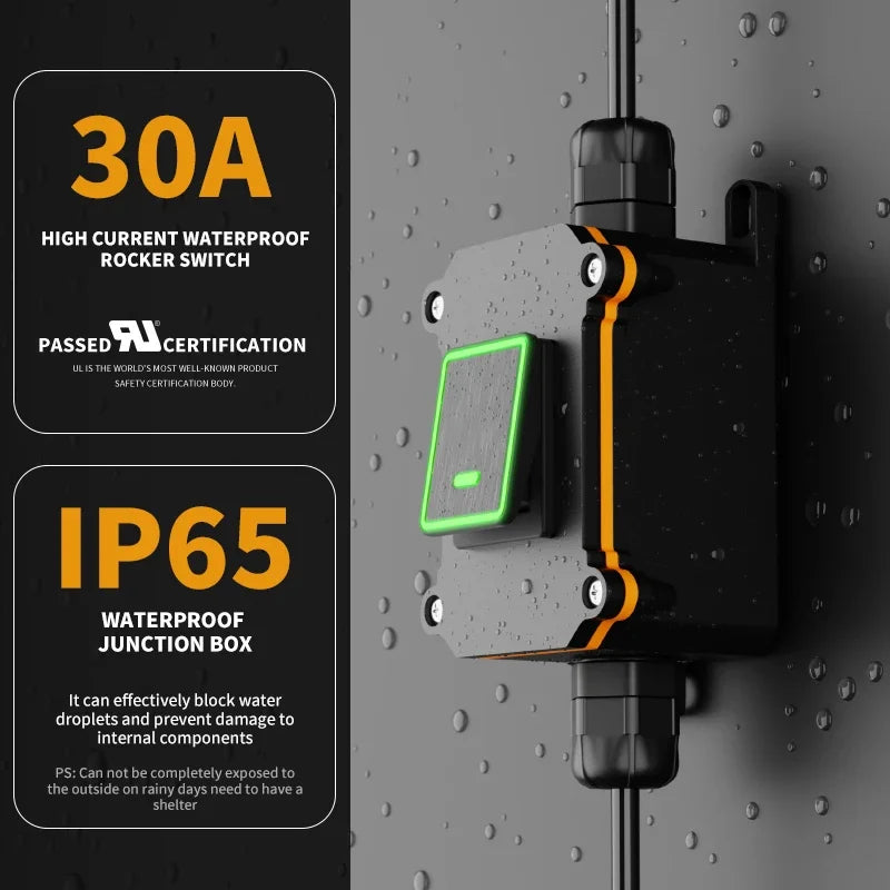 FILN 30A 12V 24V 220V Waterproof Inline Toggle Switch with LED IP65 Sealed Outdoor Box Inline Cord Rocker Switch Power
