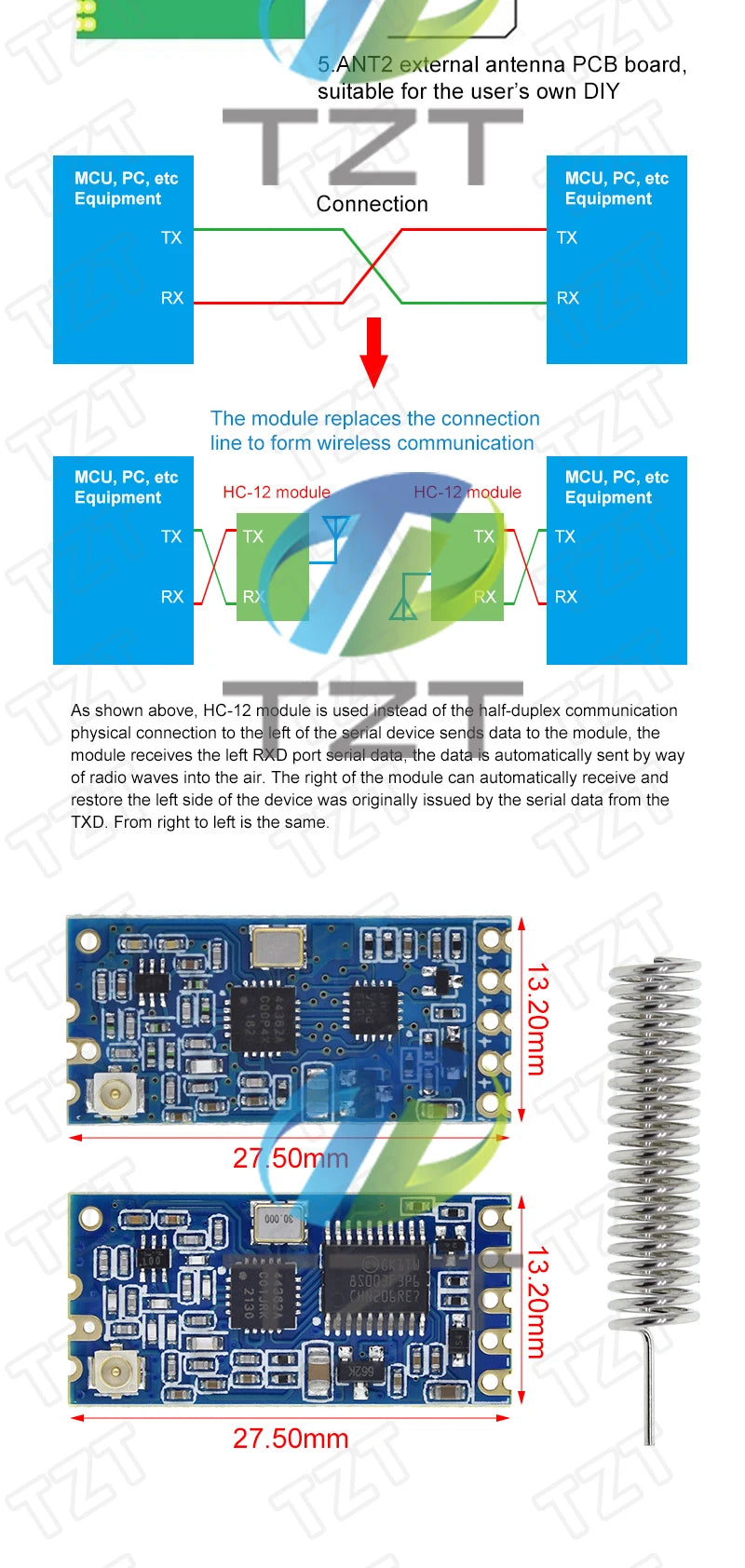 TZT 1/3PCS 433Mhz HC-12 SI4463/4438 Wireless Serial Port Module 1000m Replace Bluetooth NEW
