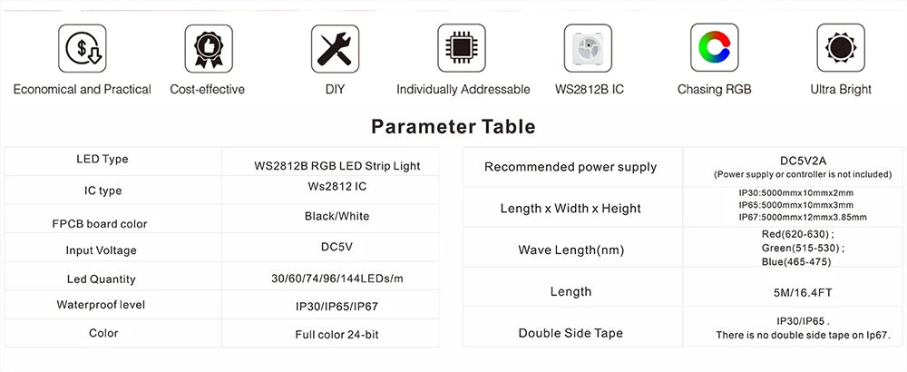 WS2812B  Led Strip 5v  30/60/74/96/144 Leds Smart RGB Pixel Strip Black/White PCB IP30/65/67 WS2811 IC Led Light 1m/2m/3m/4m/5m