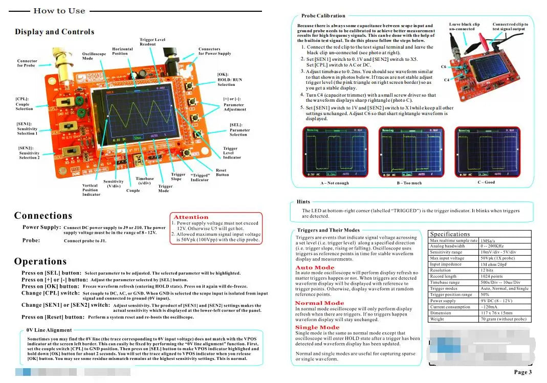 Assembled DSO138 Digital Oscilloscope 2.4" TFT LCD Digital Oscilloscope with Alligator Probe Test Clip Transparent Acrylic Case