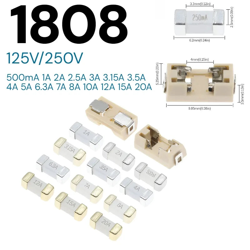 1808 125V 250V AC 0451 SMD Ultra-Rapid Fuses 0.5A 0.75A 1A 2A 3A 4A 5A 6.3A 8A 10A 12A 15A 500MA 750MA 2410 Fast Blow Fuse