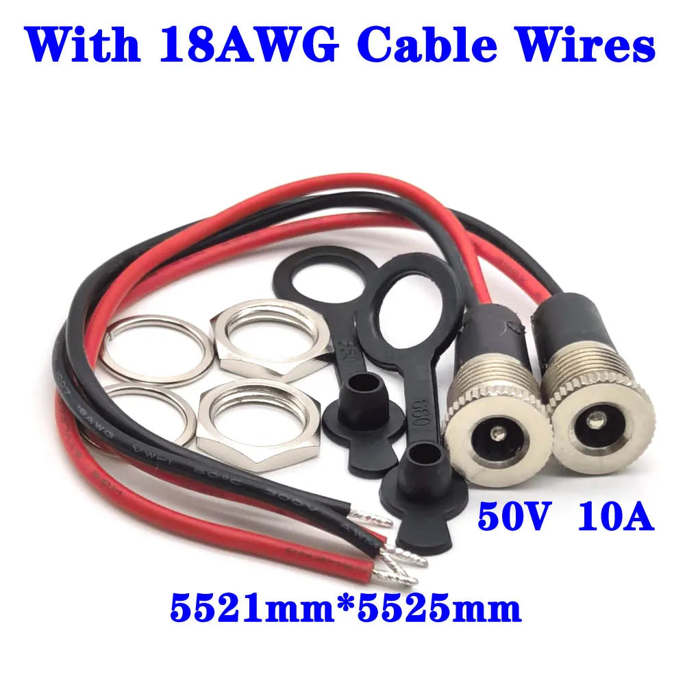 50V 10A DC099 5.5 X 2.1mm and 5.5 X 2.5mm DC Power Socket Threaded Female Connector Adapter with 18AWG Cable Wires DC-099