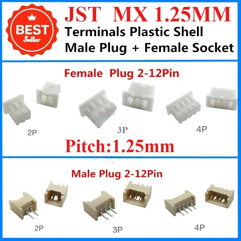 100Pcs JST MX1.25 2/3/4/5/6/7-12 Pin Terminals Plastic Shell Male Plug + Female Socket Wire Connector Picth 1.25MM 2P 3P 4P 5P