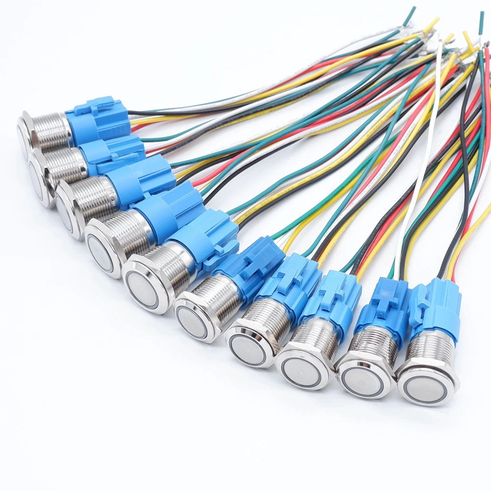 10PCS 16mm 19mm Metal Power Switch Button Flat Round LED Lamp Light Waterproof Latching /Self-reset Button Car Start Switch 12V