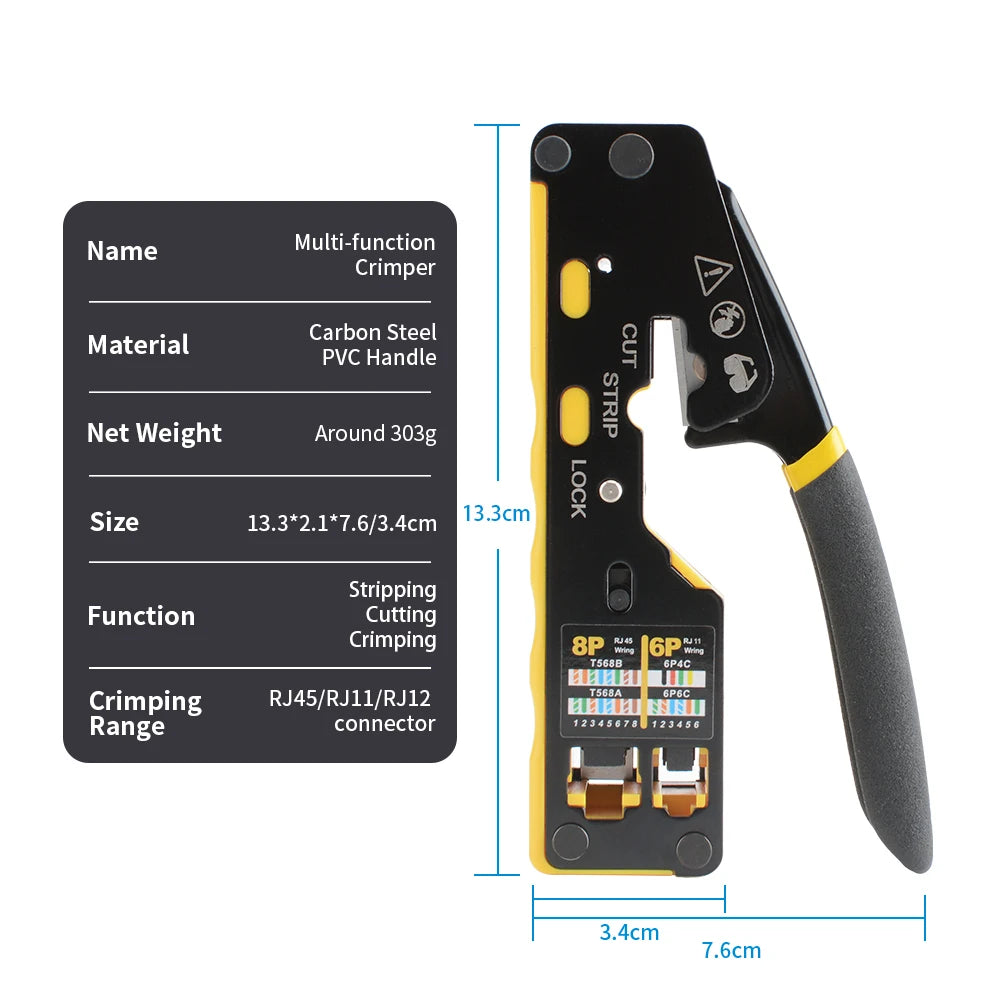 Pass Through RJ45 Cat6 Crimping Tool, 8P8C Crimper for CAT6A/CAT6/CAT5E (STP/UTP)， 3-in-1 Crimp/Cut/Strip