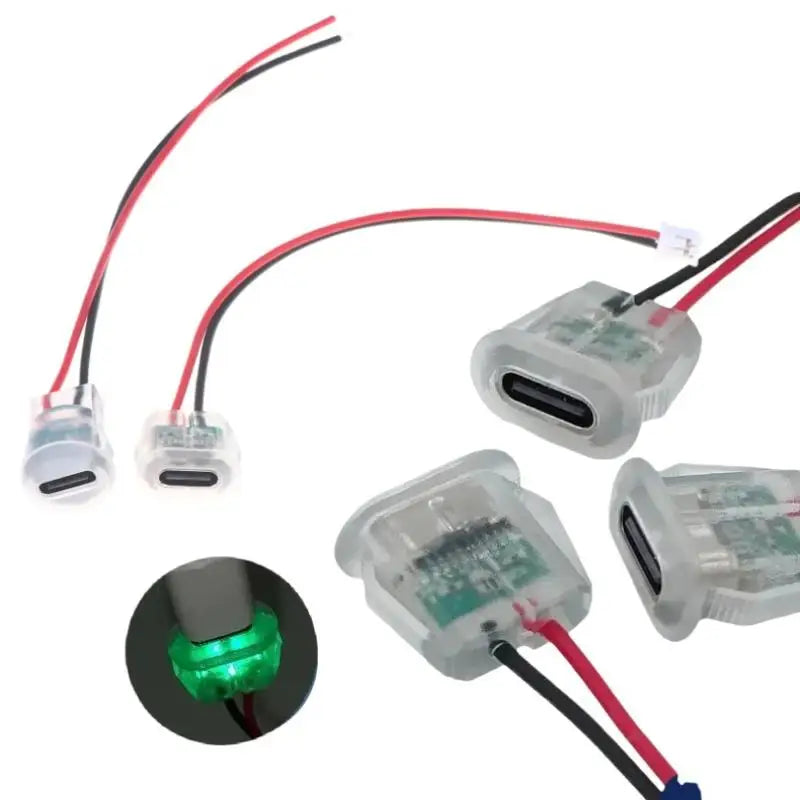 5/10Pcs Transparent 2Pin Waterproof USB-C Female Charging Socket With LED Light Type-C Power Input Connector