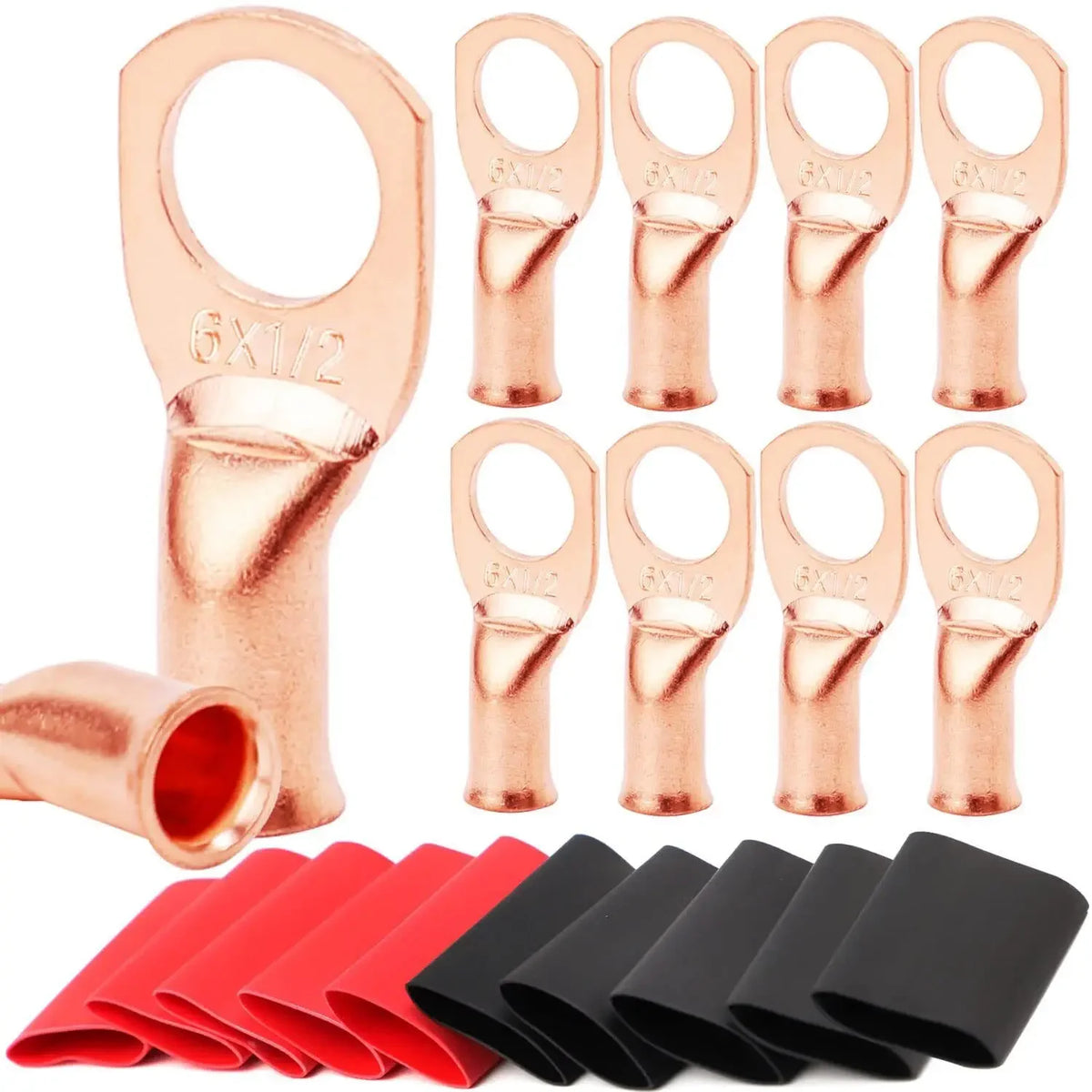 10pcs Copper Terminal Connectors, AWG 2 4 6 8 1/0 2/0 Ring Lug With Shrink Tubing 10Battery Cable Lugs, With 10 Shrink Tubing