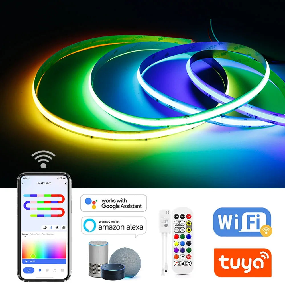 DC12V WS2811 RGBIC COB LED Light Strip Tuya WIFI APP Control For Alexa Google Addressable Flexible LED Light Tape