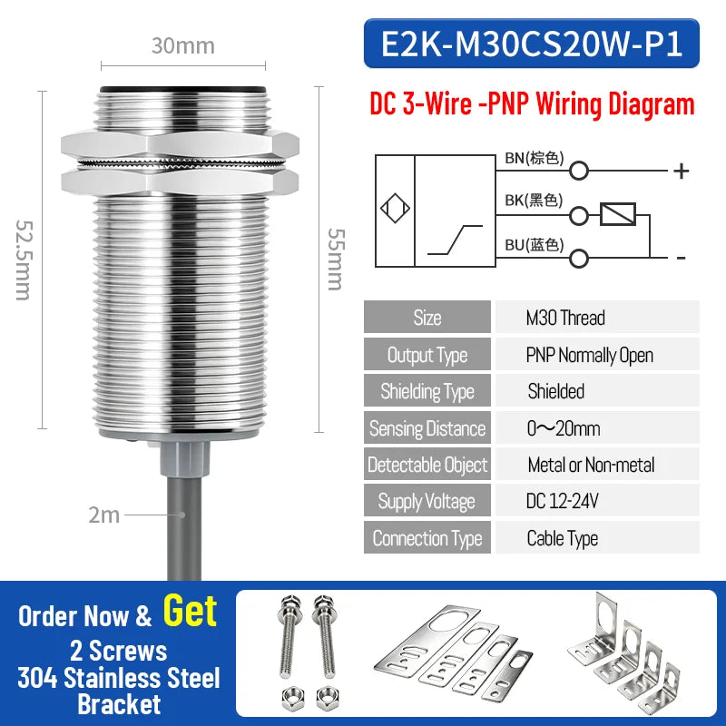 ZHICAN E2K M12 M18 Capacitive Proximity Sensor 30mm Long Range Plastics Glass Wood Metals Nonmetal Material Detection Switch