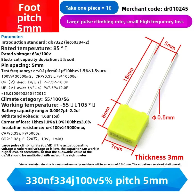 10PCS 100V Correction Capacitor Polypropylene Safety Plastic Film 100V 1nF ~ 470nF 100nf 220nf 10nf 47nf 22nf 1nf 0.47uf 0.1uf
