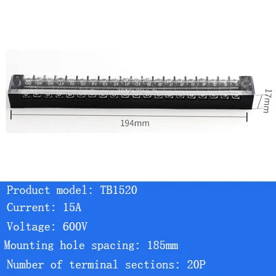 TB15A 25A 45A Copper Wiring Terminal Block 3/4/5/6/8/10/12 Position Electrical Connector Board Current Terminal Strip