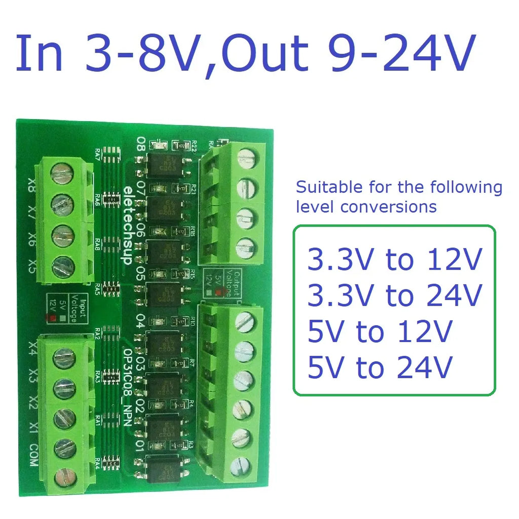 8CH Opto Isolated Level Converter Module NPN PNP 3.3V 5V 12V 24V for Arduino PLC Raspberry Pi MCU 3000V Isolation