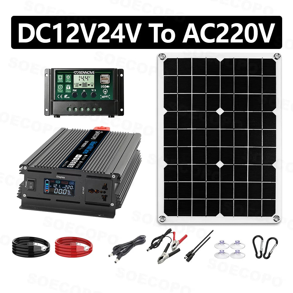 Off-Grid Solar Power Generation System 20000W Peak 2000W Rated Inverter 500W Panel With MPPT Controller for RV Outdoor Household