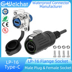 EW-LP16 Type-C USB 3.1 5A Female Socket Rear Nut Locking Jack Panel Mount Connector Waterproof Fast Charging Data Wire Cable