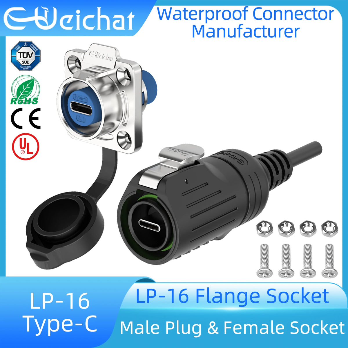 EW-LP16 Type-C USB 3.1 5A Female Socket Rear Nut Locking Jack Panel Mount Connector Waterproof Fast Charging Data Wire Cable