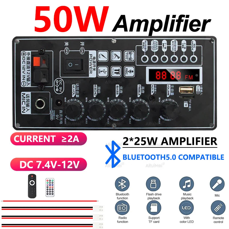 50W Metal Shell Bluetooth Amplifier Board with Display | 7.4V-12V Input | Power Adapter Cable Included