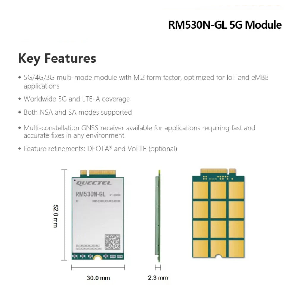 Quectel RM530N-GL 5G 4G 3G LTE-A Multi-mode Sub-6GHz mmWave 5G M.2 Module Multi-constellation GNSS Receiver 3GPP R16 4.5Gbps