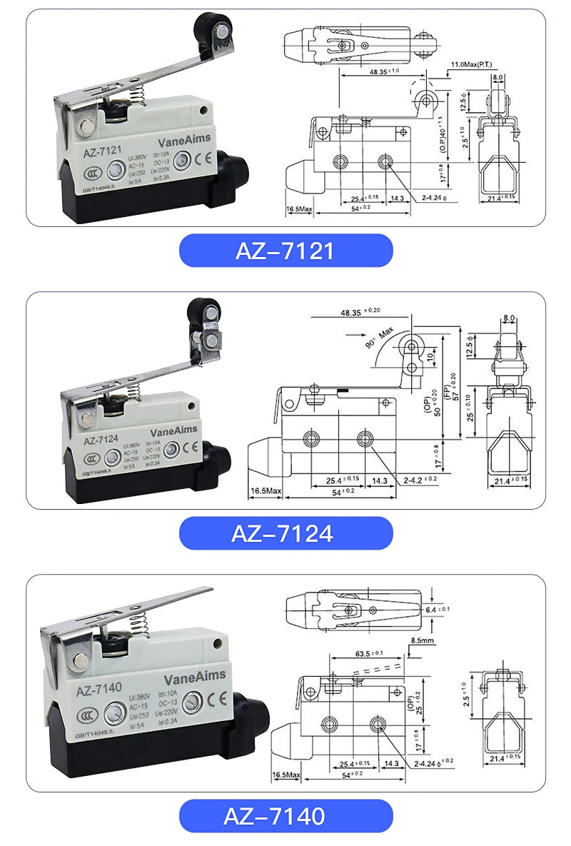 Waterproof AZ Micro Limit switch 10A 250V AZ-7312 AZ-7311 AZ-7121 AZ-7120 Small Roller Lever Travel Switch without fixation