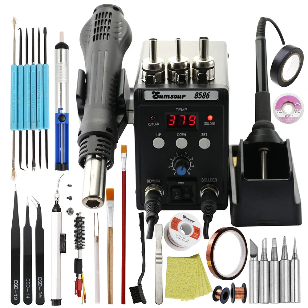 2 in 1 Soldering Station 8586  Digital Display SMD Rework Hot Air Gun Solder Iron 220V ESD Welding Desoldering Repair Tools