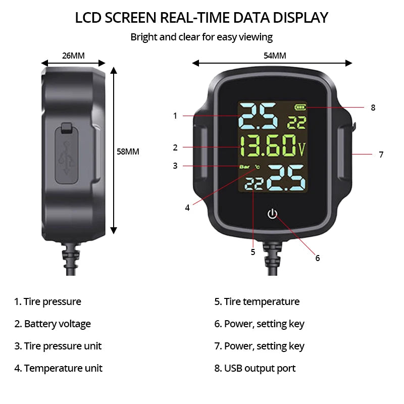 E-ACE TPMS Tire Pressure Monitoring SystemInfitary Motorcycle System LCD Real Time Data Display For Status Precise Digital
