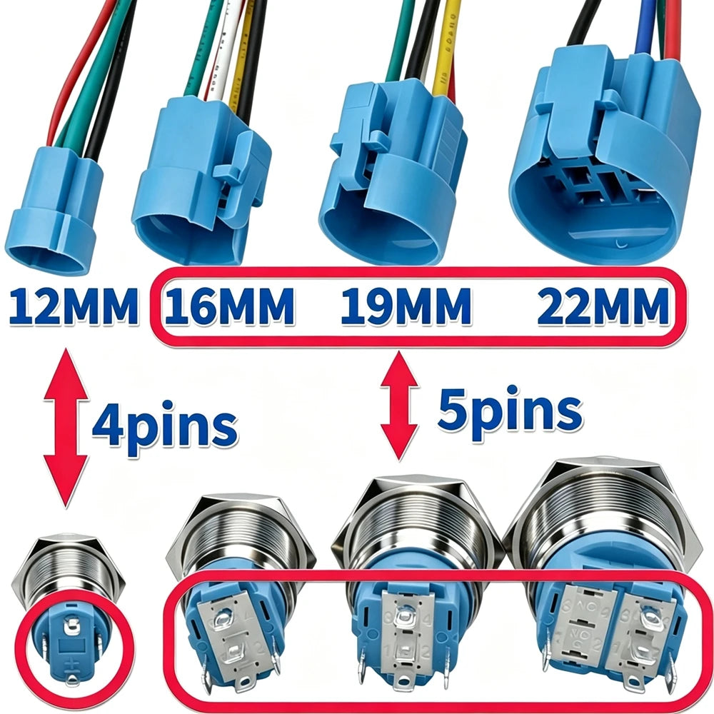 12/16/19/22mm Metal Push Button IP66 Waterproof Self Reset Latching Red LED 1NO1NC Plug Terminal 5V 12V 220V Control Switch Blue