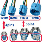 12/16/19/22mm Metal Push Button IP66 Waterproof Self Reset Latching Red LED 1NO1NC Plug Terminal 5V 12V 220V Control Switch Blue