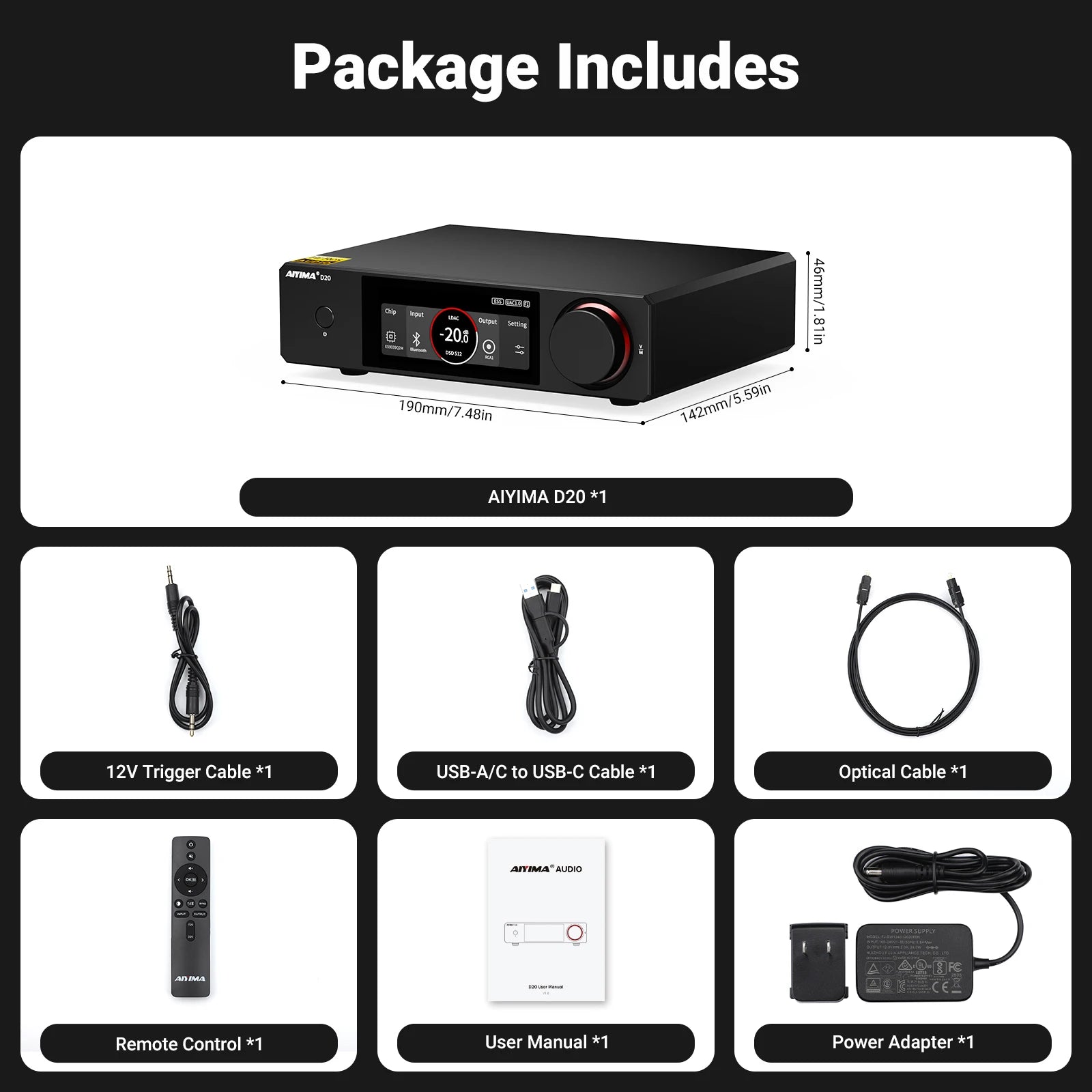 AIYIMA D20 HiFi DAC Decoder AK4493SEQ ES9039Q2M XMOS XU316 USB DSD512 Bluetooth 5.1 LDAC RCA XLR Audio Converter VU Meter