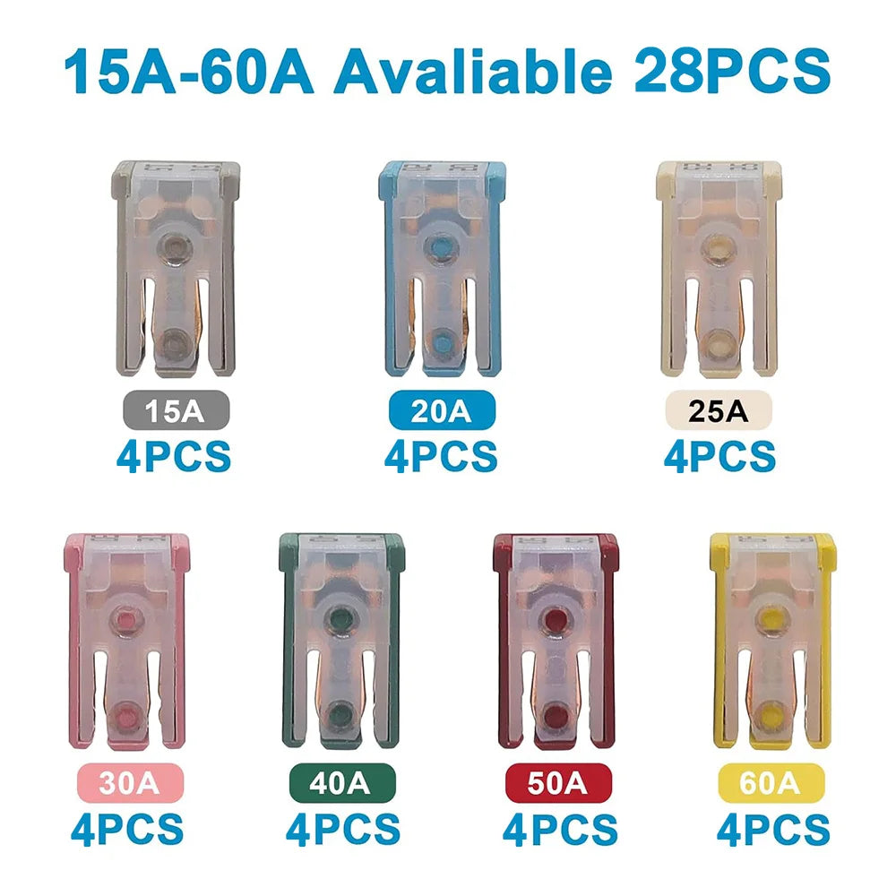 10/14/16/28Pcs MCASE Fuse 15A 20A 25A 30A 40A 50A 60A 32V Mini Slotted Automotive Shaped Cartridge Kit With Plastic Shell Box