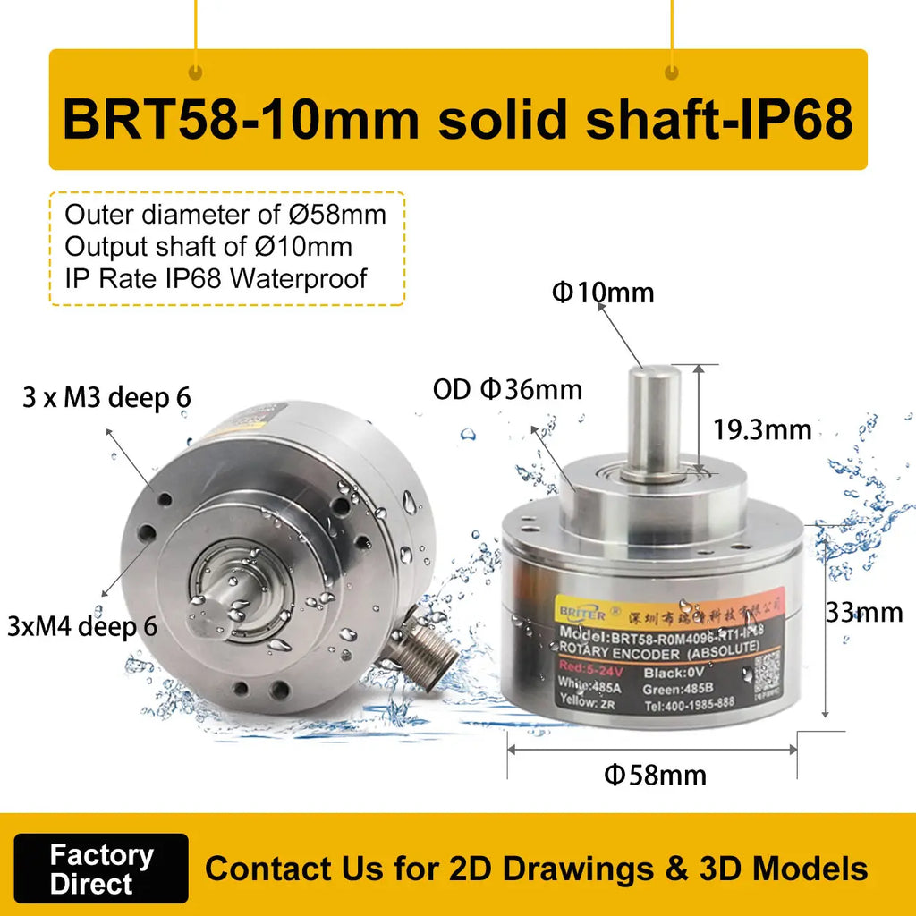 Briterencoder Single-turn Absolute Rotary Encoder SSI/RS485/Analog Output Waterproof, Power-Off Memory for Angle  & Speed
