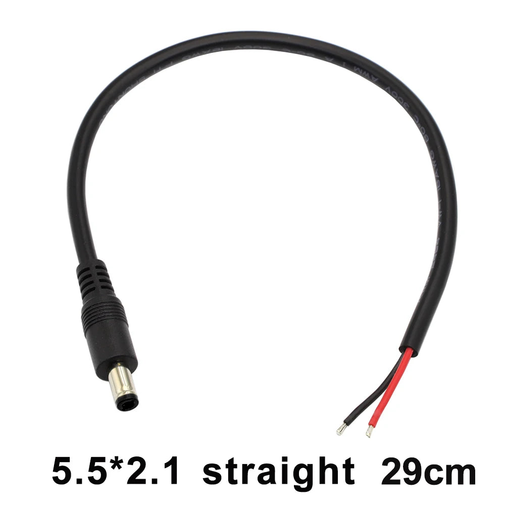DC 5.5 X 2.1mm Male Plug to Bare Wire Open End Power Wire Supply Repair Cable 18 AWG DC5521 Connector Straight/Elbow 29cm
