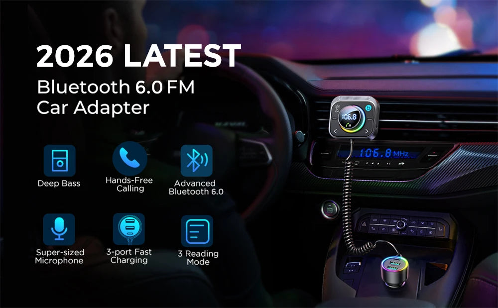 Joyroom Bluetooth 6.0 FM/AUX Transmitter Car Adapter Audio FM Transmitter Bass Boost 3 Ports PD&QC 3.0 FM Bluetooth Fast Charger