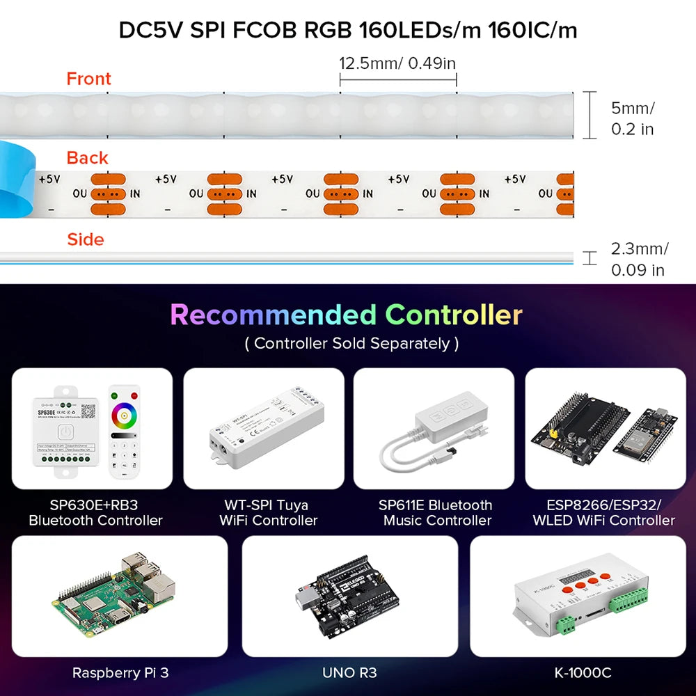 FCOB SPI RGB IC LED Light Strip DC5V Similar WS2812B Individually Addressable WS2812 160 LEDs Smart Pixels Magic FOB COB Light