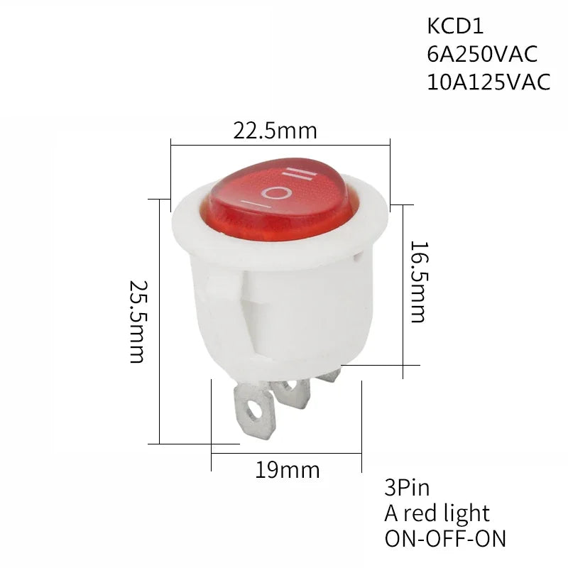 1PCS ON/OFF Round Rocker Switch LED illuminated Car 12V 24V / 6A 250V / 10A 125V 2/3/4PIN Switch 20MM