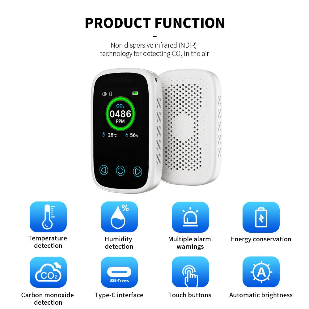 Air Quality Monitor CO2 Meter 3 in 1 Portable Temperature Humidity Meter Type-C Charging LCD Screen NDIR Sensor 일산화탄소 경보기 누수탐지기