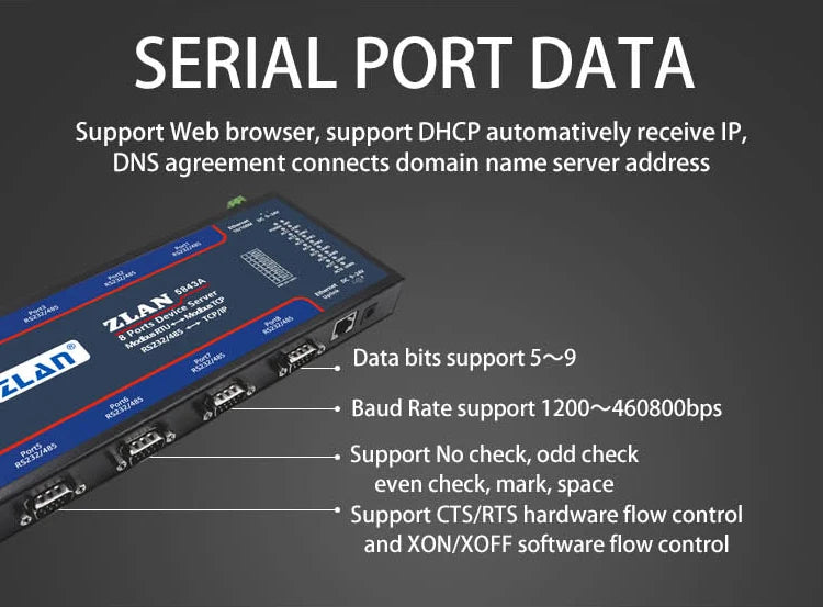ZLAN5843A 8 port RS232 RS485 to Ethernet TCP/IP Modbus industrial multiple Ethernet serial server