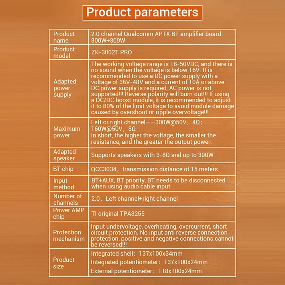 DC 18-50V 3002T PRO Bluetooth Amplifier Board Qualcomm QCC3034 2.0 Channel APTX Lossless 300W+300W TPA3255