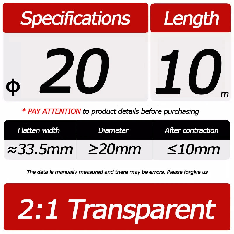 10 Meter/Lot Heat Shrink Tube 2:1 Clear Transparent Tubing Shrinkable Wrap 1mm - 60mm Cable Sleeve Wire